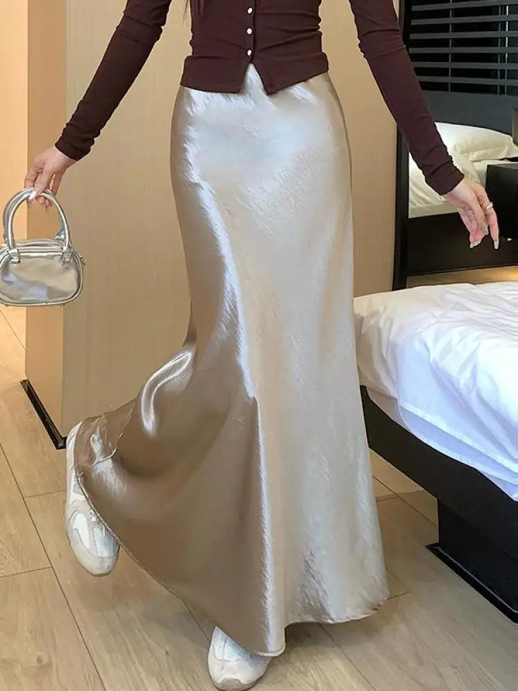 Korean Fashion Solid Elegant High Waist Wrap Hip Long Skirt 2025 Spring Summer Women Slim Vacation Pleated A-line Fishtail Skirt