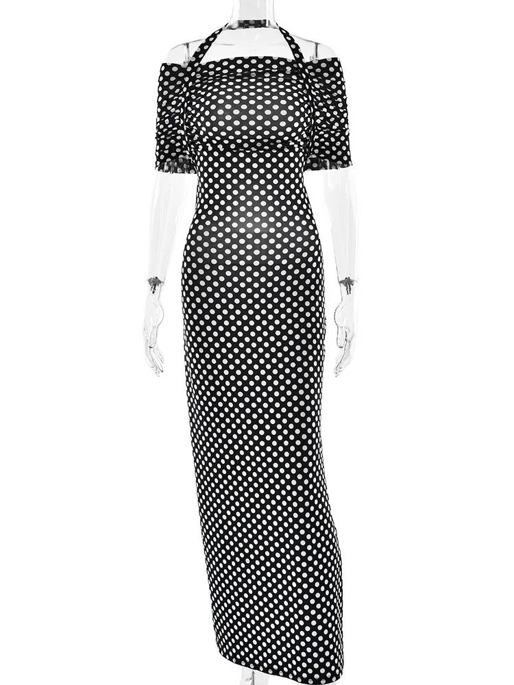 Off-shoulder Polka Dot Maxi Dress For Women Gown Fashion Halter Sleeveless Backless bodycon Split Long Dress Elegant