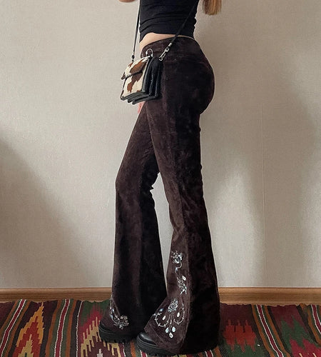 Vintage Chic Flower Embroidery Flared Jeans Women Low Waist Zipper-Fly Denim Trousers All Match Streetwear Bottom New