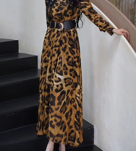 Hit Color Spliced Belt Slimming Dresses For Women V Neck Long Sleeve High Waist Temperament Dress Female Fashion