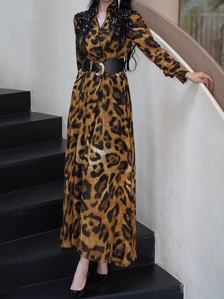 Hit Color Spliced Belt Slimming Dresses For Women V Neck Long Sleeve High Waist Temperament Dress Female Fashion