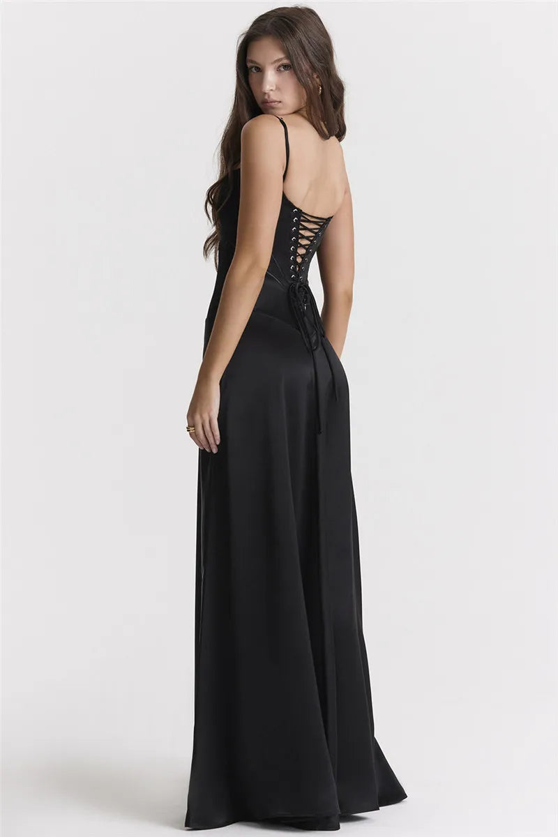 Lace-up Satin Maxi Slipdress Women Black Spaghetti Strap Sleeveless Backless Maxi Dress Femme Club Party Evening Dress