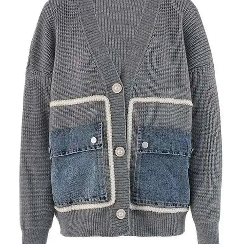 Load image into Gallery viewer, Brown Denim Pocket Big Size Knitting Cardigan Sweater V-Neck Long Sleeve Women New Fashion Tide Spring Autumn 2025 CPG1987
