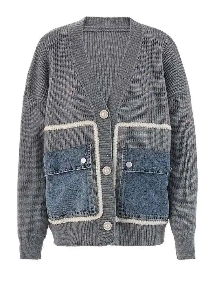 Brown Denim Pocket Big Size Knitting Cardigan Sweater V-Neck Long Sleeve Women New Fashion Tide Spring Autumn 2025 CPG1987