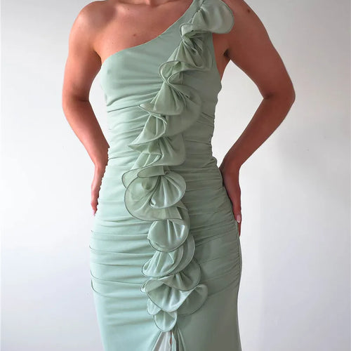 Load image into Gallery viewer, One Shoulder Draped Ruffle Maxi Dress Women Gown Fashion Diagonal Collar Backless Sleeveless Split Long Dress Elegant
