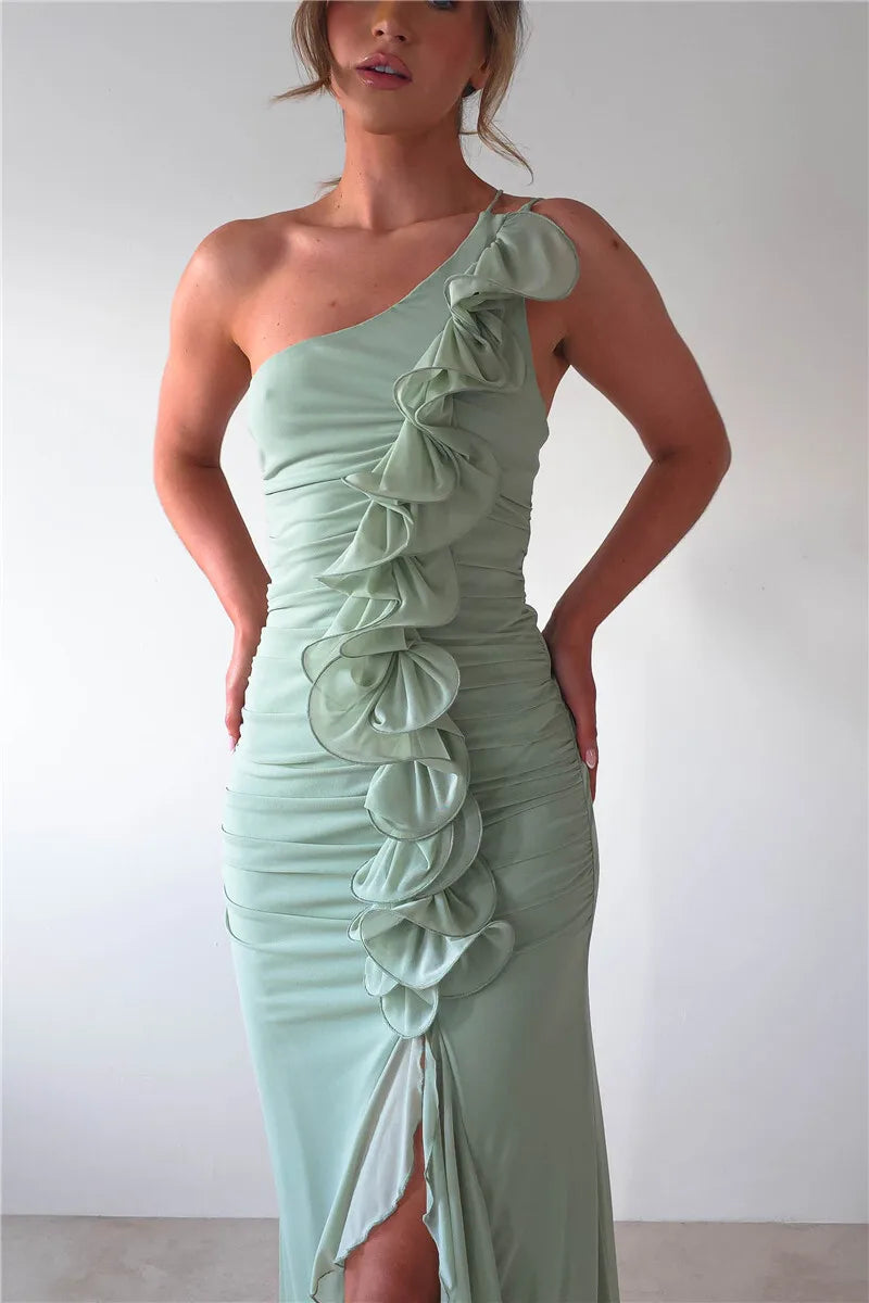 One Shoulder Draped Ruffle Maxi Dress Women Gown Fashion Diagonal Collar Backless Sleeveless Split Long Dress Elegant