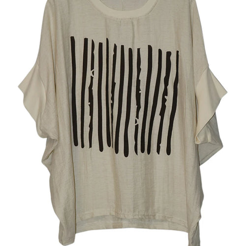 Load image into Gallery viewer, Women Beige Striped Printed Big Size Thin T-shirt New Round Neck Half Batwing Sleeve Fashion Spring Summer 2025 1DJ1570
