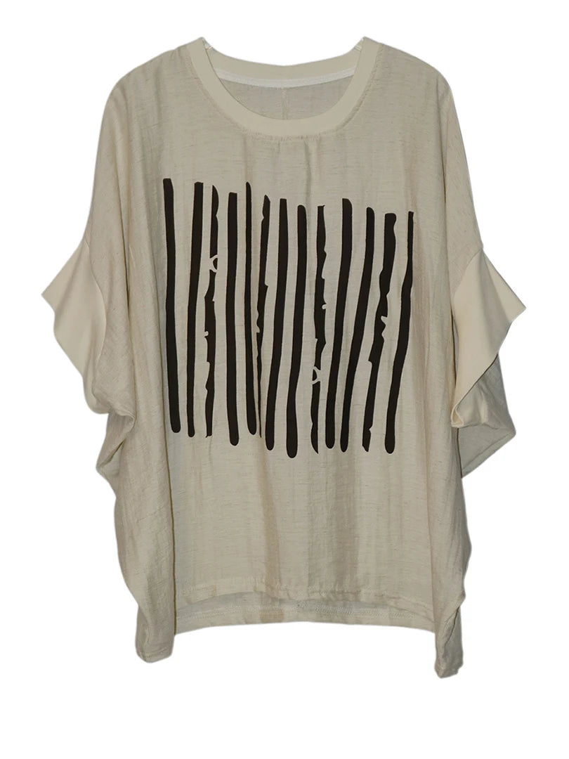 Women Beige Striped Printed Big Size Thin T-shirt New Round Neck Half Batwing Sleeve Fashion Spring Summer 2025 1DJ1570