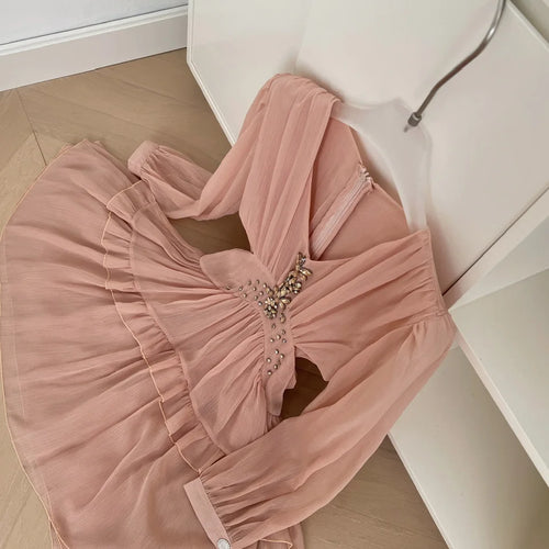 Load image into Gallery viewer, French Pink Diamond Long Sleeved High Waist Pleated Dress For Women Spring Autumn 2025 New Hollow Out Ruffles Vacation Dress New
