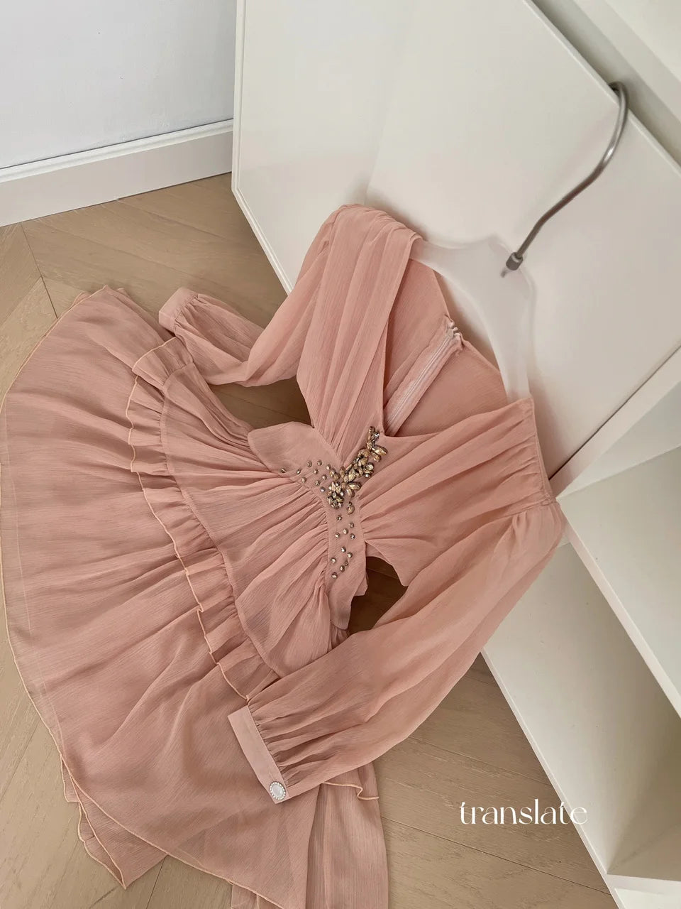 French Pink Diamond Long Sleeved High Waist Pleated Dress For Women Spring Autumn 2025 New Hollow Out Ruffles Vacation Dress New