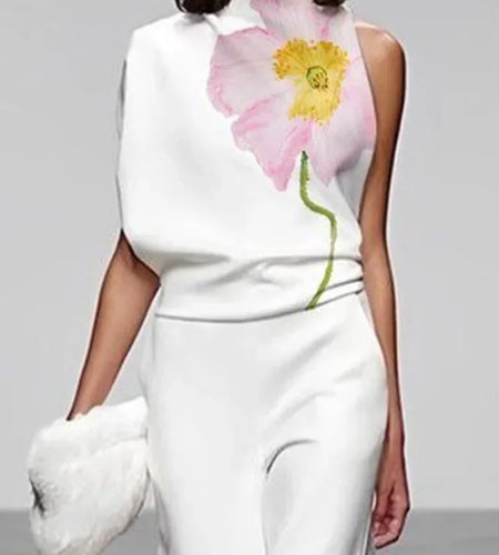 Vintage Floral Printed Suits For Women Sleeveless High Neck Vest Tops & High Waisted Loose Straight Female Leg Pants