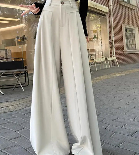 Korean Fashion Women Black Beige High Waist Wide Leg Trousers Spring Summer Grey Loose Pleated Long Pants Streetwear Simplicity