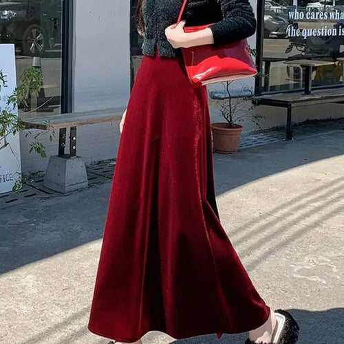 Load image into Gallery viewer, Korean Style Women Red Elegant Vacation Pleated Long Skirt 2024 Autumn Winter New Black High Waist Party Velvet Skirt Thick Chic
