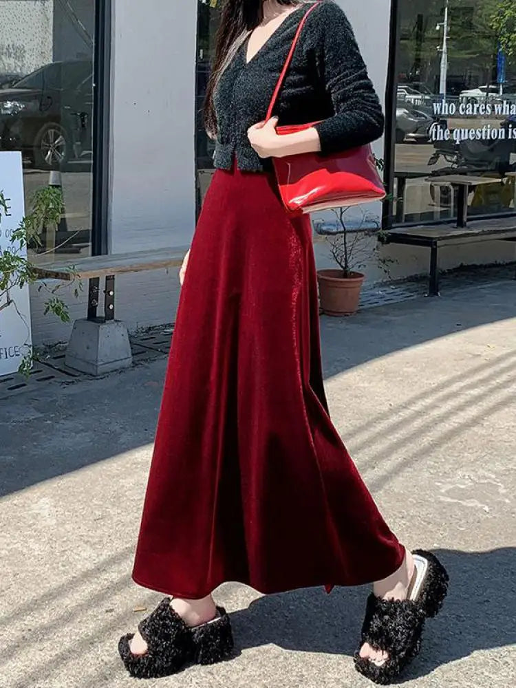 Korean Style Women Red Elegant Vacation Pleated Long Skirt 2024 Autumn Winter New Black High Waist Party Velvet Skirt Thick Chic
