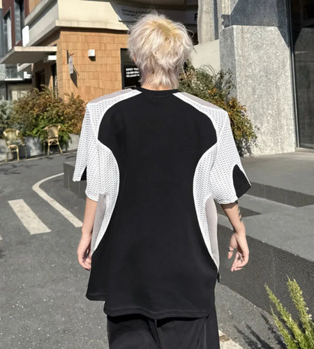 Male Short Sleeve T-shirts Summer Fashion Mesh Splicing Contrast Color Loose Round Neck Men's T-shirt Pullover Top 9W1494