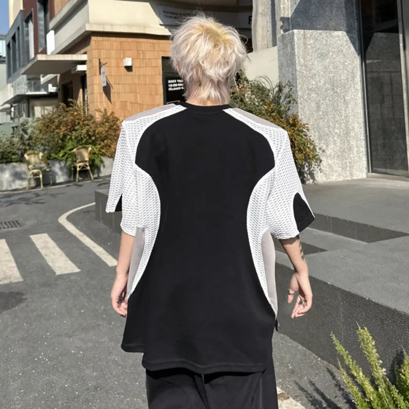Male Short Sleeve T-shirts Summer Fashion Mesh Splicing Contrast Color Loose Round Neck Men's T-shirt Pullover Top 9W1494