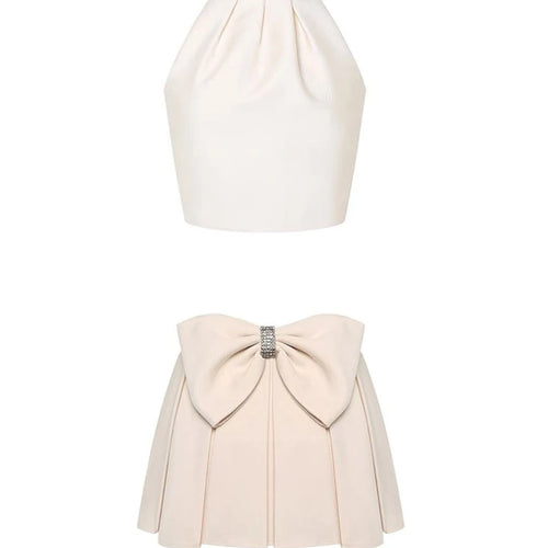 Load image into Gallery viewer, Sweet Two Piece Sets for Women Round Neck Sleeveless Spliced Bead Vest High Waist Patchwork Bowknot Skirt Set Female
