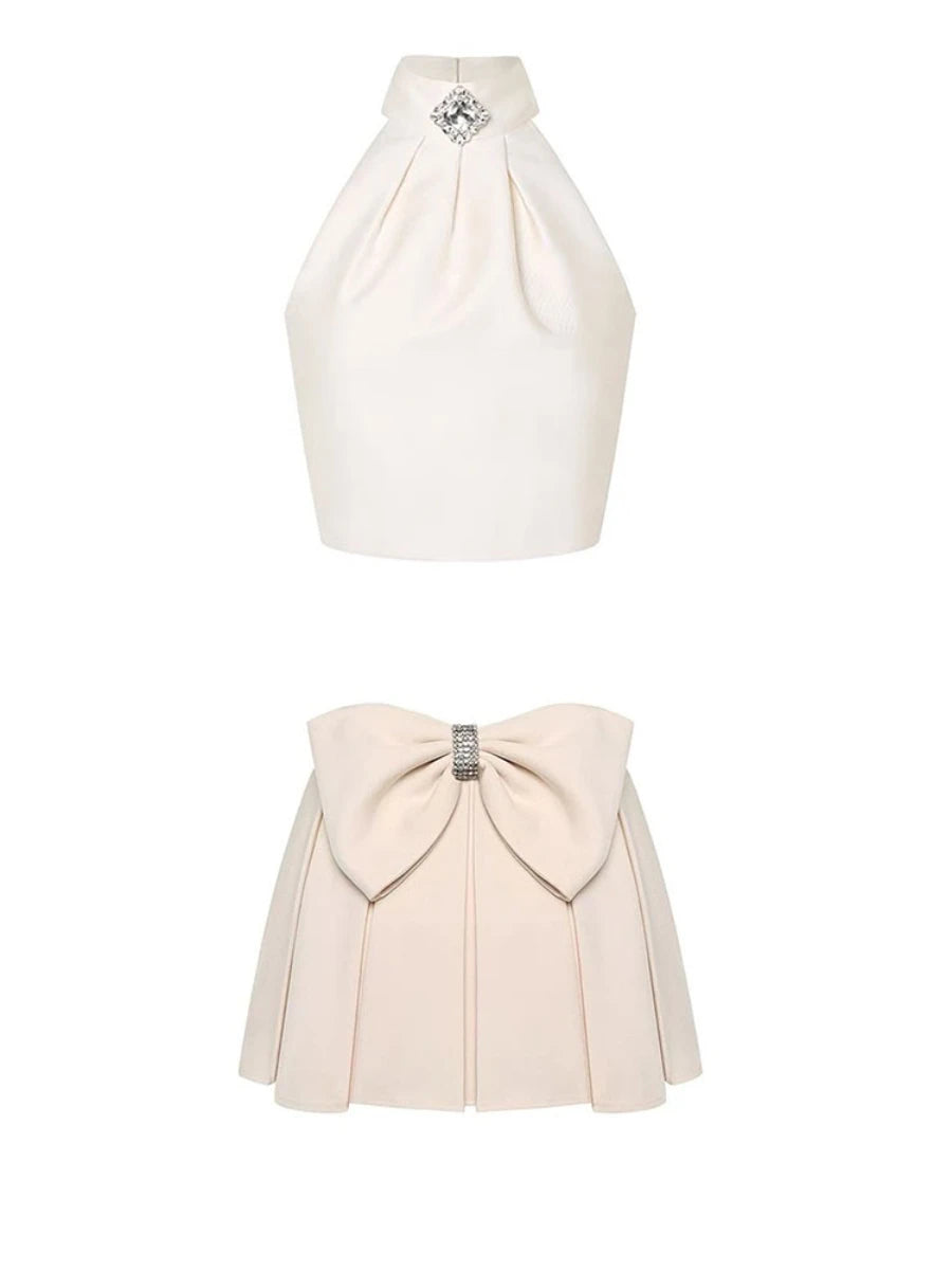 Sweet Two Piece Sets for Women Round Neck Sleeveless Spliced Bead Vest High Waist Patchwork Bowknot Skirt Set Female