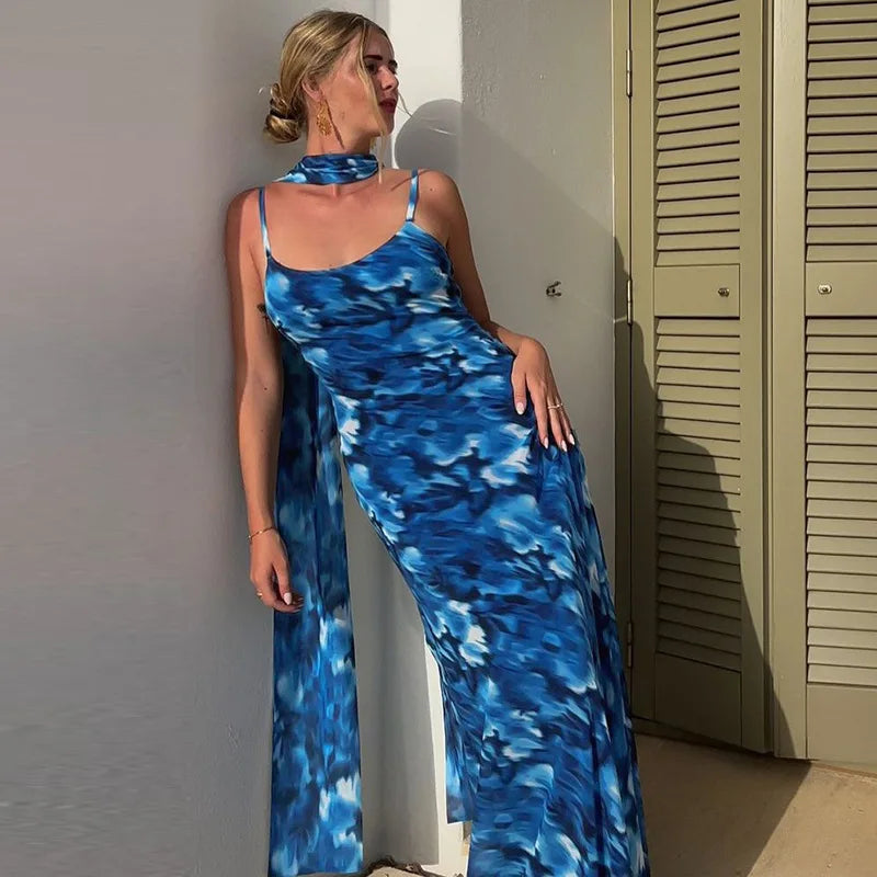 Halter Backless Print Sexy Maxi Dress For Women Gown Elegant Blue Printed Lace-up Sleeveless Evening Long Dress