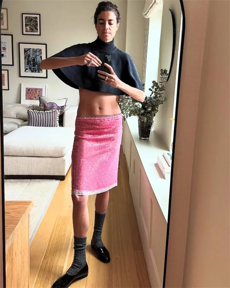 Sequin Summer Beach Sexy Skirt Women Elegant Sparkle High Waist A-line Skirts Female Pink Vacation Club Party Skirt