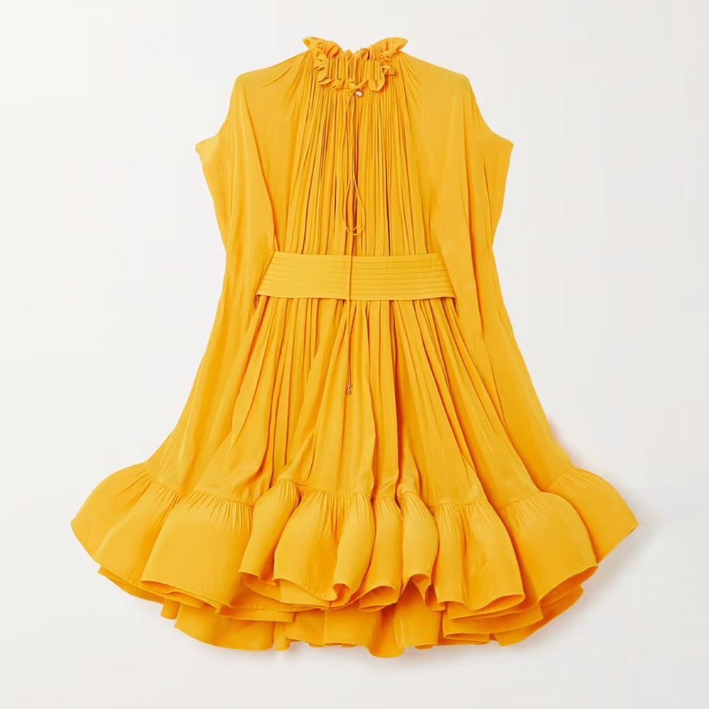 Pleated A Line Dresses For Women Round Neck Short Sleeve High Waist Spliced Irregular Hem Solid Dress Female Summer