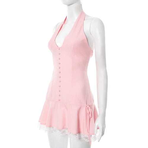 Load image into Gallery viewer, Halter Backless Sexy Mini Dress Women Robe Summer New Lace Patchwork Sleeveless V Neck High Waist Ruffled Dress 2025
