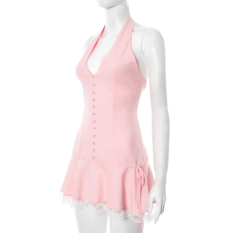 Halter Backless Sexy Mini Dress Women Robe Summer New Lace Patchwork Sleeveless V Neck High Waist Ruffled Dress 2025