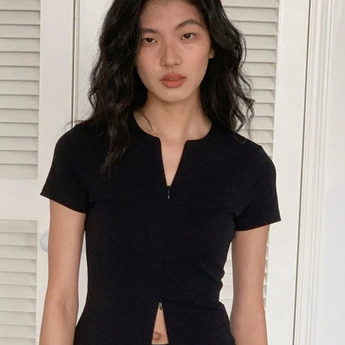 Load image into Gallery viewer, 2025 Harajuku Zipper Designer Solid Shirt Y2k Aesthetic Bodycon Simple Fairy Tshirt Women Slim Fit Streetwear T Shirt Summer
