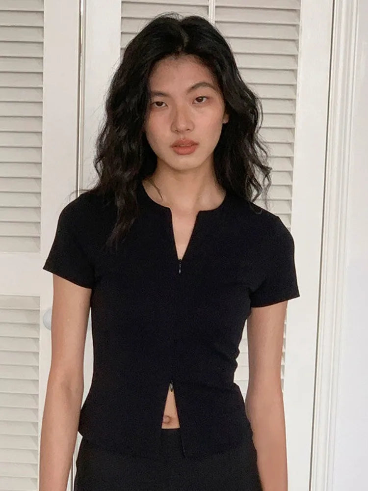 2025 Harajuku Zipper Designer Solid Shirt Y2k Aesthetic Bodycon Simple Fairy Tshirt Women Slim Fit Streetwear T Shirt Summer