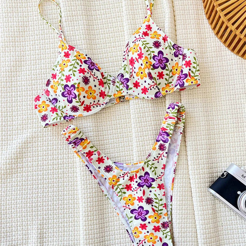 Load image into Gallery viewer, Sexy Floral Print Bandeau Bikini Set Thong Women Swimwear Female Swimsuit Brazilian Bathing Suit
