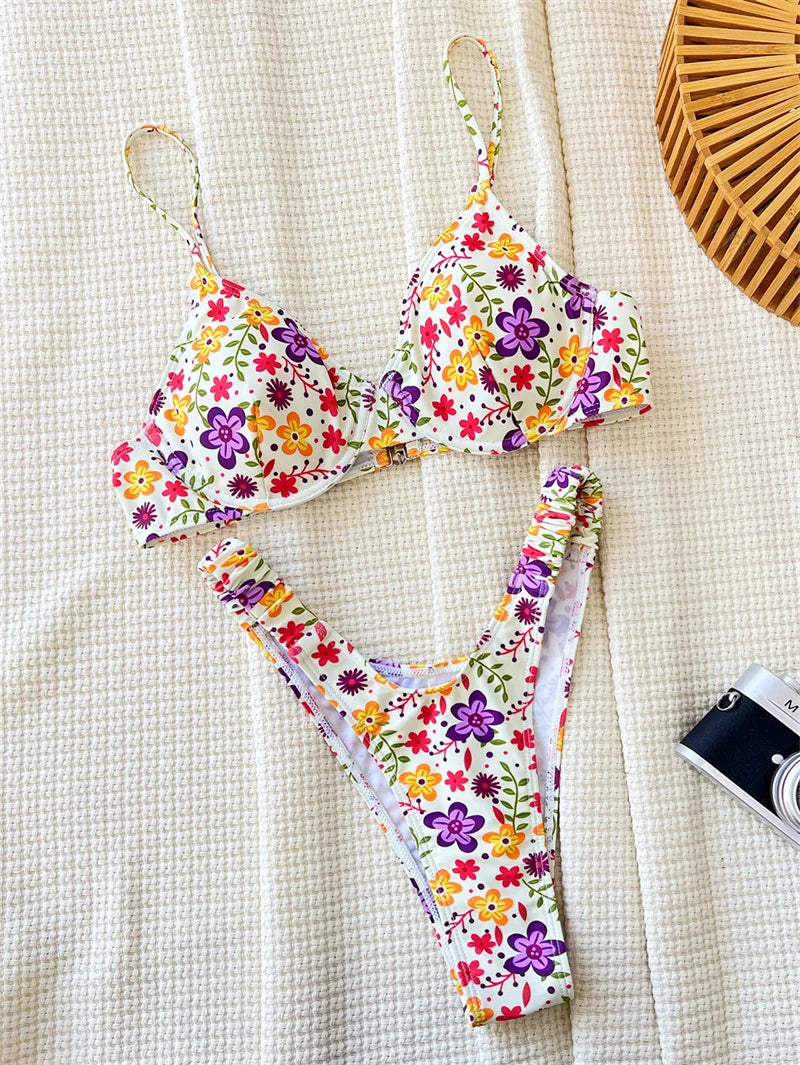 Sexy Floral Print Bandeau Bikini Set Thong Women Swimwear Female Swimsuit Brazilian Bathing Suit