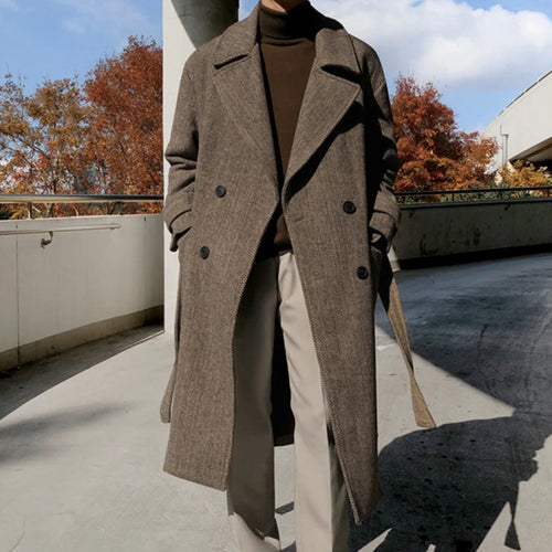 Load image into Gallery viewer, Winter Men&#39;s Woolen Overcoats Thick Double Breasted Belt Turn-down Collar Overknee Solid Color Casual Male Trench 9C8995
