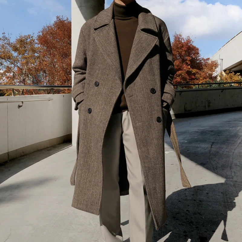 Winter Men's Woolen Overcoats Thick Double Breasted Belt Turn-down Collar Overknee Solid Color Casual Male Trench 9C8995