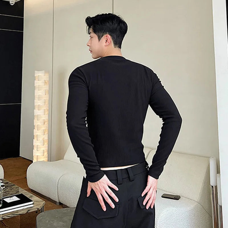 Men's Slim Long Sleeve T-shirts Autumn New Niche Design Dark Zipper Split Versatile Tight Tops Korean Style Clothing 9C1248