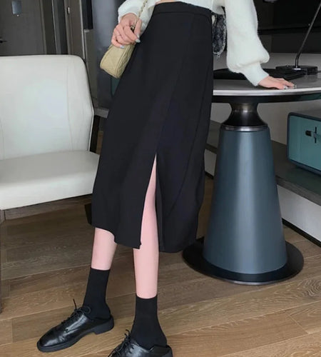 Black Skirts Women Mid-calf College A-line High Waist Korean Style OL All-match Friends  Streetwear Chic Female Bottom