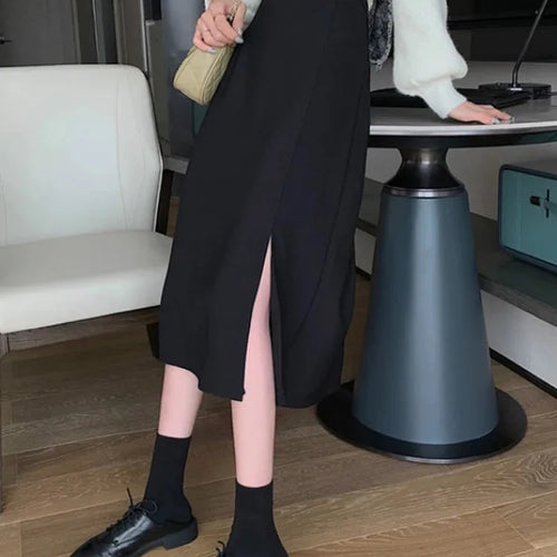 Load image into Gallery viewer, Black Skirts Women Mid-calf College A-line High Waist Korean Style OL All-match Friends  Streetwear Chic Female Bottom
