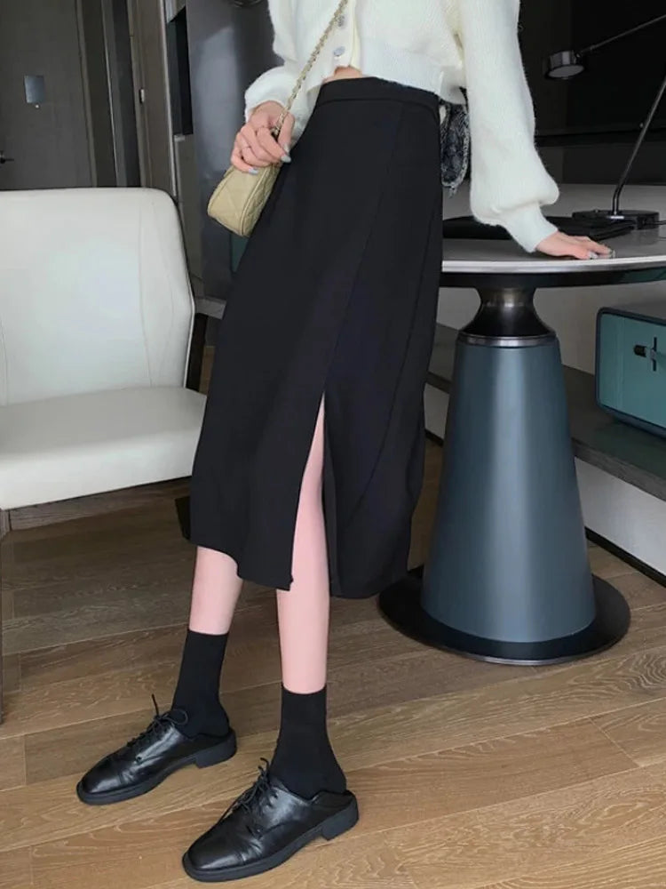 Black Skirts Women Mid-calf College A-line High Waist Korean Style OL All-match Friends  Streetwear Chic Female Bottom