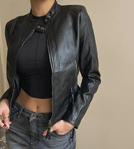 Fashion Black Basic Autumn Leather Jacket Women Motorcycle Streetwear Chic Zip Up Coat Cropped Outerwear Cool Jackets