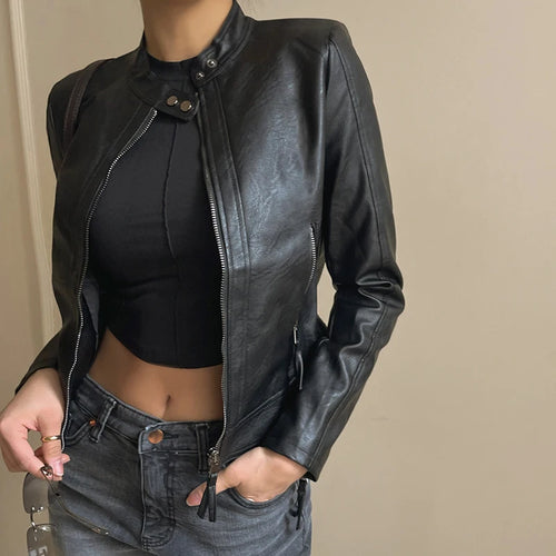 Load image into Gallery viewer, Fashion Black Basic Autumn Leather Jacket Women Motorcycle Streetwear Chic Zip Up Coat Cropped Outerwear Cool Jackets
