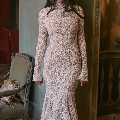 Load image into Gallery viewer, Lace Long Sleeve Sexy Midi Dress For Women Elegant White Half High Collar High Waist Bodycon Club Party Sexy Long Dress
