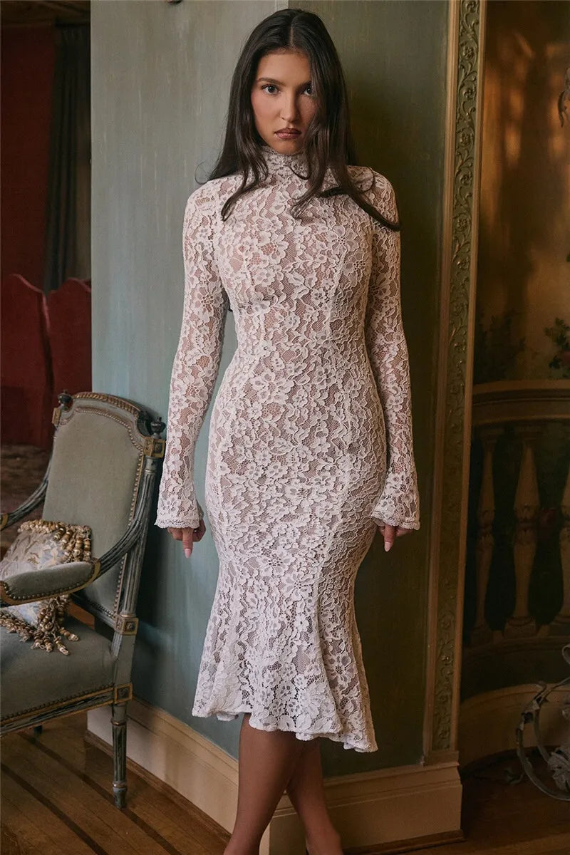 Lace Long Sleeve Sexy Midi Dress For Women Elegant White Half High Collar High Waist Bodycon Club Party Sexy Long Dress