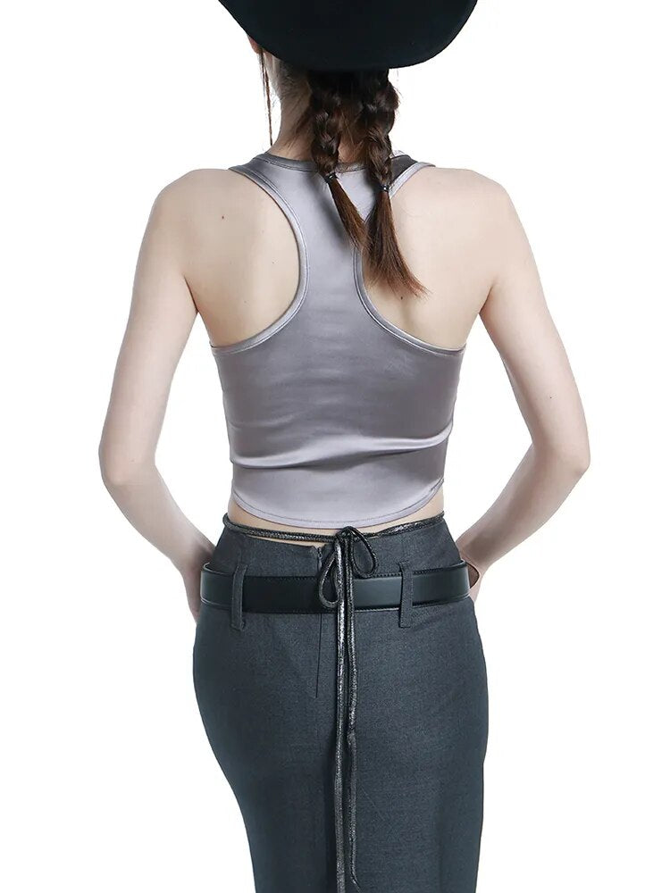 High Street Solid Crop Top For Women Square Collar Sleeveless Backless Vintage Slim Vests Female Summer Style