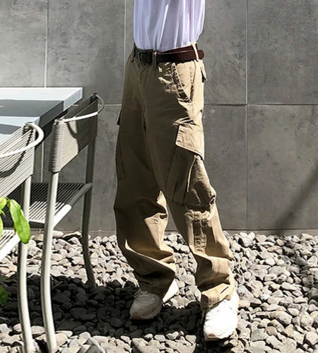 Spring Male Cargo Pants Straight Leg Design New Korean Loose Casual Simple Solid Color Trendy Multi Pockets Menwear 9W1447