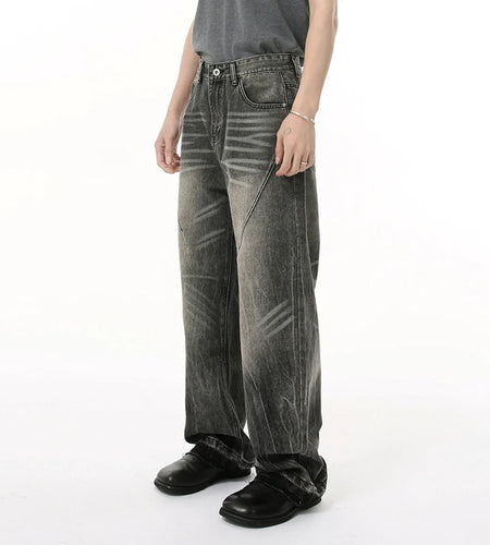 Men's Jeans New Summer American Style Washed Cat Whiskers Design Curved Knife Wide Leg Trendy Casual Male Clothing 9W1687