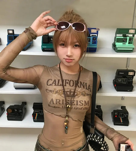 Japanese Y2k Mesh Tops Vintage Harajuku Letter Print Long Sleeve T-shirt 2000s Grunge Aesthetics Sheer Tops American 90s