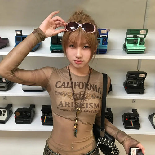 Japanese Y2k Mesh Tops Vintage Harajuku Letter Print Long Sleeve T-shirt 2000s Grunge Aesthetics Sheer Tops American 90s