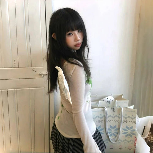 Japanese Y2k Graffiti Print T-shirt 2000s Aesthetics Flare Sleeve T Shirt Vintage Harajuku Fairycore Tops American Retro