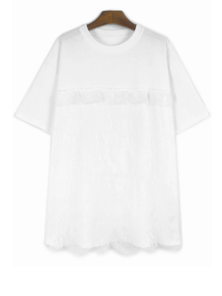 Women Black Lace Spliced Elegant Big Size Long T-shirt New Round Neck Short Sleeve Fashion Tide Spring Summer 2025 1DJ0585