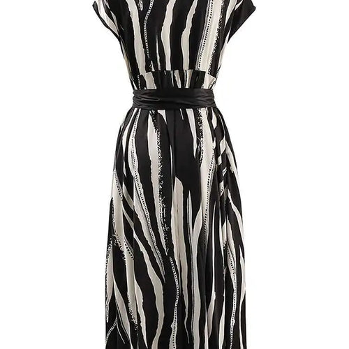 Load image into Gallery viewer, Women Beige Striped Printed Belted Elegant Midi Dress New V-Neck Sleeveless Fashion Tide Spring Summer 2025 CPG1504
