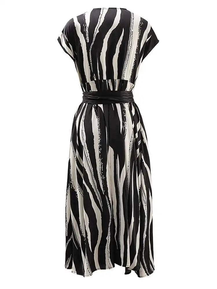 Women Beige Striped Printed Belted Elegant Midi Dress New V-Neck Sleeveless Fashion Tide Spring Summer 2025 CPG1504